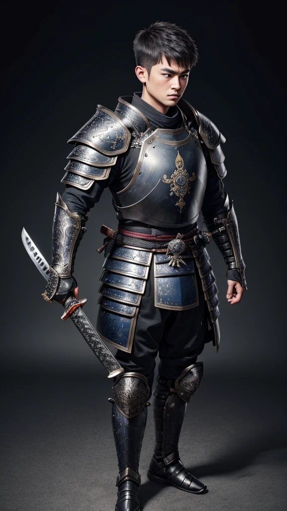 (((best quality))), (((ultra-detailed))), masterpiece, 8k, HD quality, add Details, 1boy, armor, full body armor, urban-chamouflage armor, black buzz-cut hair, blue eyes, shoulder pads, samurai ((weapon)), masterpiece, best quality,  highres, looking at viewer, full body, wide view,long shoot, standing, extremely detailed armor, intricate details, ultraquality, black background.