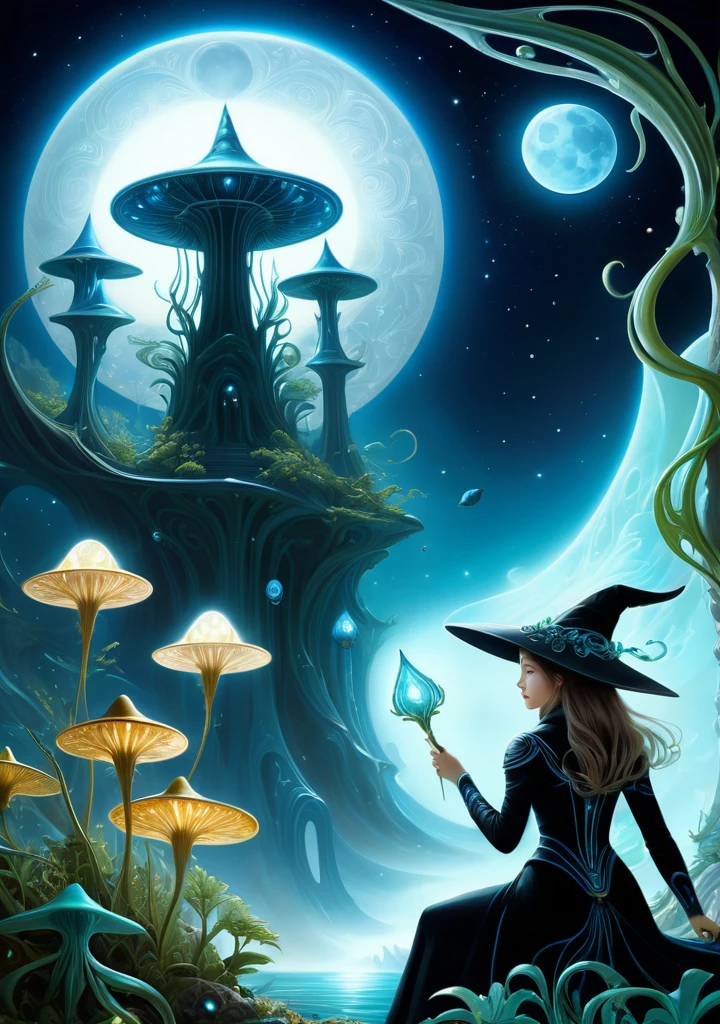 Images of a fascinated witch encountering alien life forms, Bioluminescent plant lighting, The content is very detailed, hyper-realistic, 10k high resolution, Gouache style, doodling art, Glaslorne, Influenced by Art Nouveau, Given, and future, The Art of Lunar Cryptography Wow,