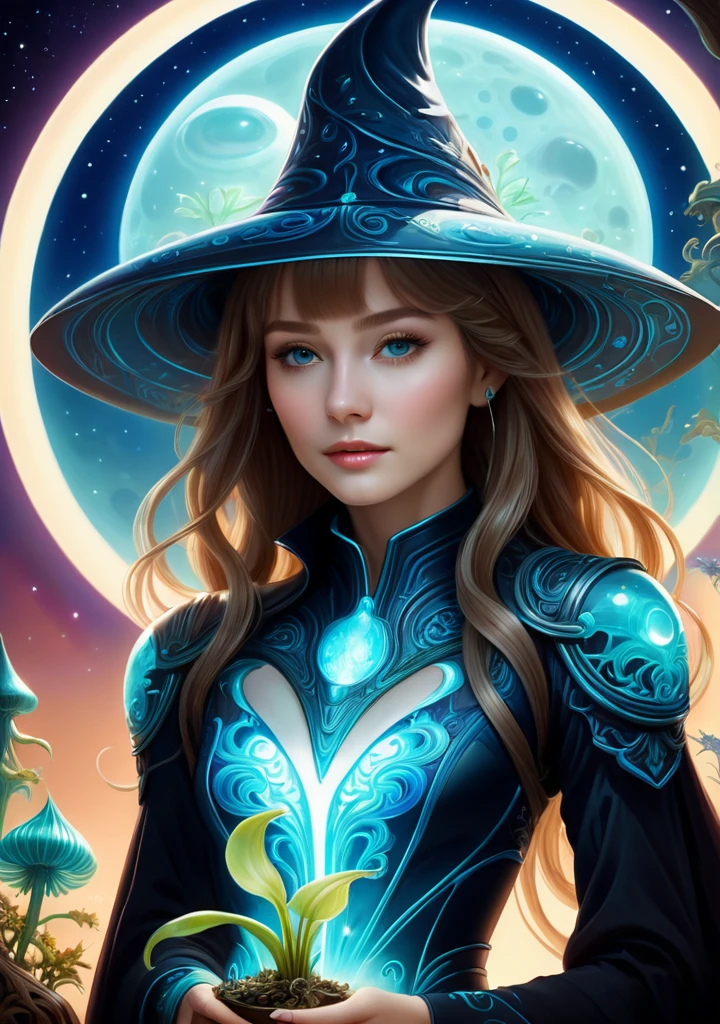Images of a fascinated witch encountering alien life forms, Bioluminescent plant lighting, The content is very detailed, hyper-realistic, 10k high resolution, Gouache style, doodling art, Glaslorne, Influenced by Art Nouveau, Given, and future, The Art of Lunar Cryptography Wow,