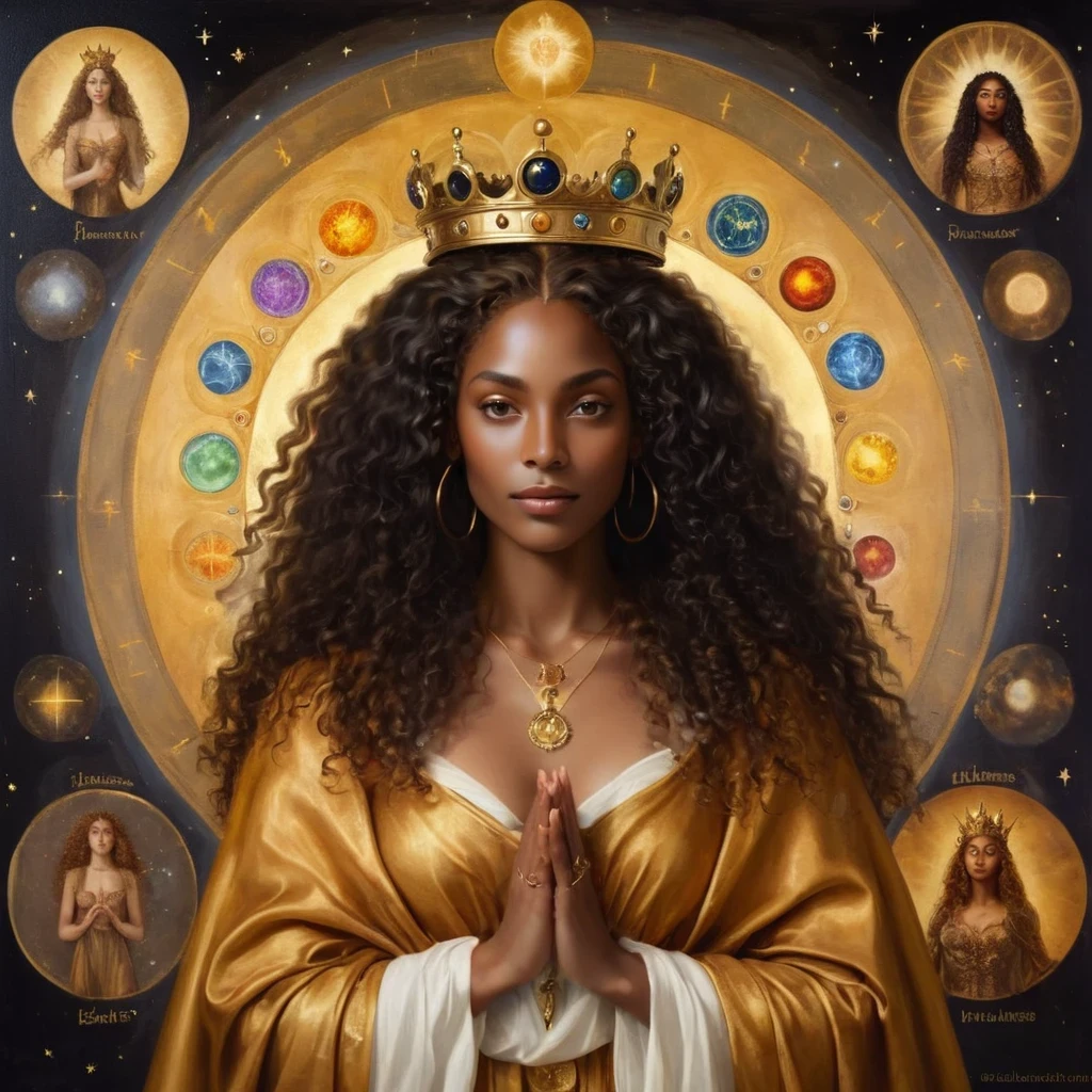 Black woman with dark skin with a beautiful face and a look of gratitude and unconditional love, long black curly hair, glad, with a crown on his head, royal crown no estilo brittanica e um cedro, with a golden cloak with the 7 chakras, luxurious setting, and with mystical art and beautiful elements, and other deities around her, She looks and beholds the coosmic golden celestial realms, with astrology elements, renaissance painting, oil painting inspirado em leonardo da vinci. astrological divinations, hermeism, elements of astrology, masterpiece, cosmic and transcendent vibe, oil painting, picture painting, renaissance painting, baroque art
