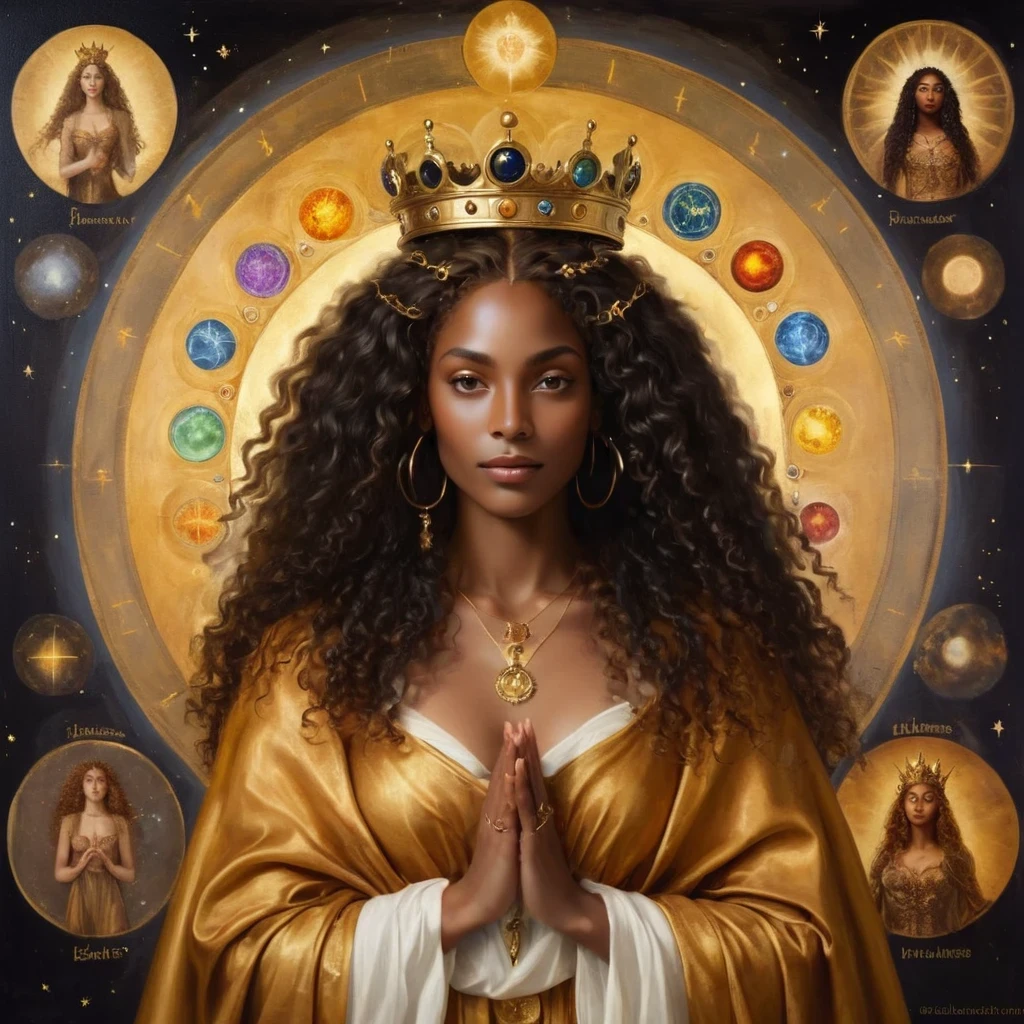 Black woman with dark skin with a beautiful face and a look of gratitude and unconditional love, long black curly hair, glad, with a crown on his head, royal crown no estilo brittanica e um cedro, with a golden cloak with the 7 chakras, luxurious setting, and with mystical art and beautiful elements, and other deities around her, She looks and beholds the coosmic golden celestial realms, with astrology elements, renaissance painting, oil painting inspirado em leonardo da vinci. astrological divinations, hermeism, elements of astrology, masterpiece, cosmic and transcendent vibe, oil painting, picture painting, renaissance painting, baroque art