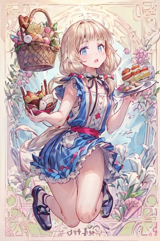 (perky chest:1.2), (pointed chest:1.2),(((Black Tunic:1.3))),(((cakes and bread in the basket),Cute and beautiful girl,Cute round face,Cute smile,with blush cheeks,Red Lip,a girl 22 years old, nsfw:1.2, beautiful body:1.3), shinny skin, BREAK, ((alice in the wonderland:1.3, cute, kawaii, lovely, funny, a girl falling down from sky:1.3, girl flying in sky:1.2, girl floating in air:1.3, rolling upskirt by wind:1.5, (with sparkling eyes and a contagious smile),open mouth, Looking at Viewer, surprised, putting hands on crotch over the skirts:1.35)), BREAK, ((floating things as follows:1.3, PlayingCards, Trump, tea cup, tea pot, tea spoons, pocket watch:1.3, lip sticks, candies:1.2, cookies, jam bottles, classical door_keys)), ((long purply_Blue dress :1.5, wearing long flaired skirt:1.3, the skirt is blowing:1.3, cute White Apron, black stockingedium long platinum-blonde hair:1.2, twin tail hair:1.6, tied hair with a large ribbon), (Blue eyes, bright pupils with highlights, detailed eyes), (lying down on your back:0.7, spreading legs with rising up straight:0.7), sexy posture, fantastic colorful art, (fantasy art:1.2, wondered images), ((correct anatomy:1.5, perfect anatomy:1.3, correct hand, small foot:1.2)),
