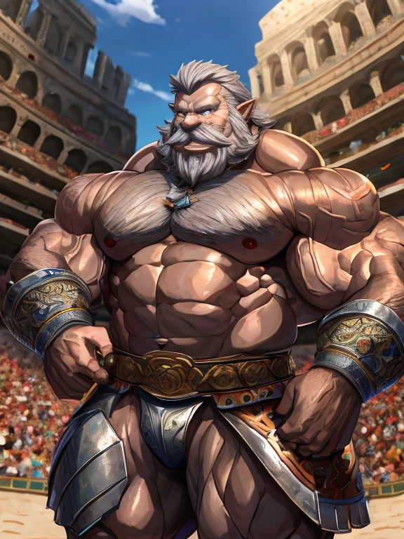 burly virile hairy elf, in a suit of armor, middle-aged, hirsute, overmuscular and musclebound, bulging veiny muscles, a warrior's build, a bodybuilder's physique, long bushy and a thick mustache, a square jaw, handsome and dreamy, rugged and manly, grey hair, a gladiator in the arena