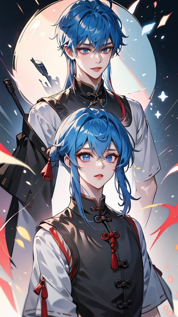 Masterpiece, Best quality, 1 Tang Wu Tong, the expression is cold, strong, blue eyes, short hair, wolfcut hairstyle, smoky mix blue color hair, resolute eyes, red lips, simple Taoist Taoist uniform, Chinese mix morden, frontal photo, black or white background, simple background, anime, illustration, half body, Chinese style short-sleeved shirt, cool girl