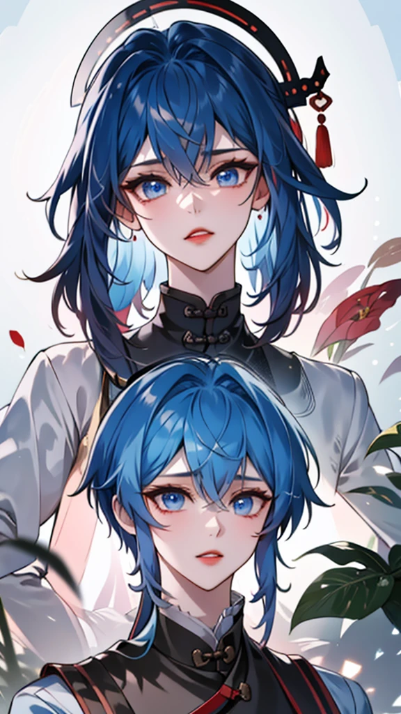 Masterpiece, Best quality, 1 Tang Wu Tong, the expression is cold, strong, blue eyes, short hair, wolfcut hairstyle, smoky mix blue color hair, resolute eyes, red lips, simple Taoist Taoist uniform, Chinese mix morden, frontal photo, black or white background, simple background, anime, illustration, half body, Chinese style short-sleeved shirt, cool girl