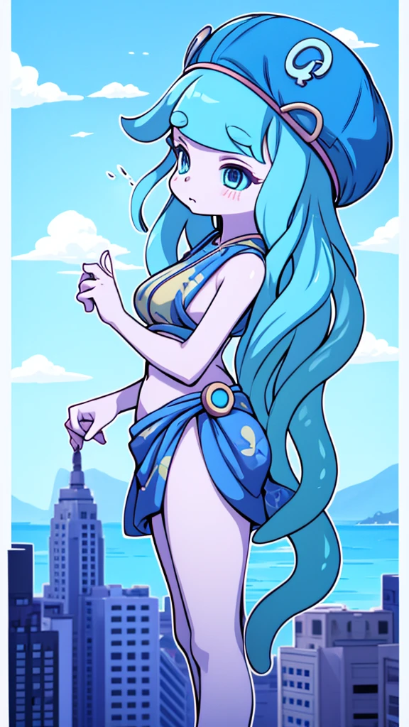 Beach Background，Huge girl，Octopus Girl，Blue Hair，Octopus hair，Tentacle hair，Tentacle Arm，Tentacle hair，Suction Cup Hand，Suction Cup Hand，There are no palms，Brachiopod Arm，Octopus hands，Tentacle arm，Octopus Girl，Giant girl，Giant女孩，cute，Giant女孩，Lower body soaked in the sea，几十米高的Huge girl，Octopus Girl，Giant女孩，Giant，Giant，Giant，Giant，Giant，Seaside background，Town Background，High-rise buildings，Street background，Close-up above the waist