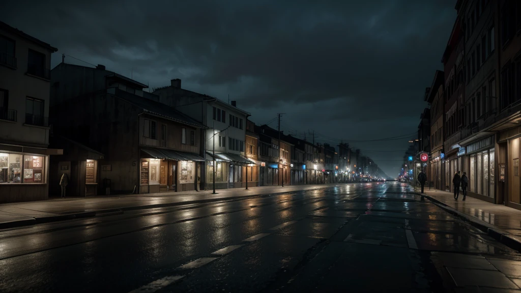 Cinematic, wide shot of a street in eerie silence, people frozen in place, realistic depiction, urban environment, overcast sky, soft lighting, intense atmosphere.
