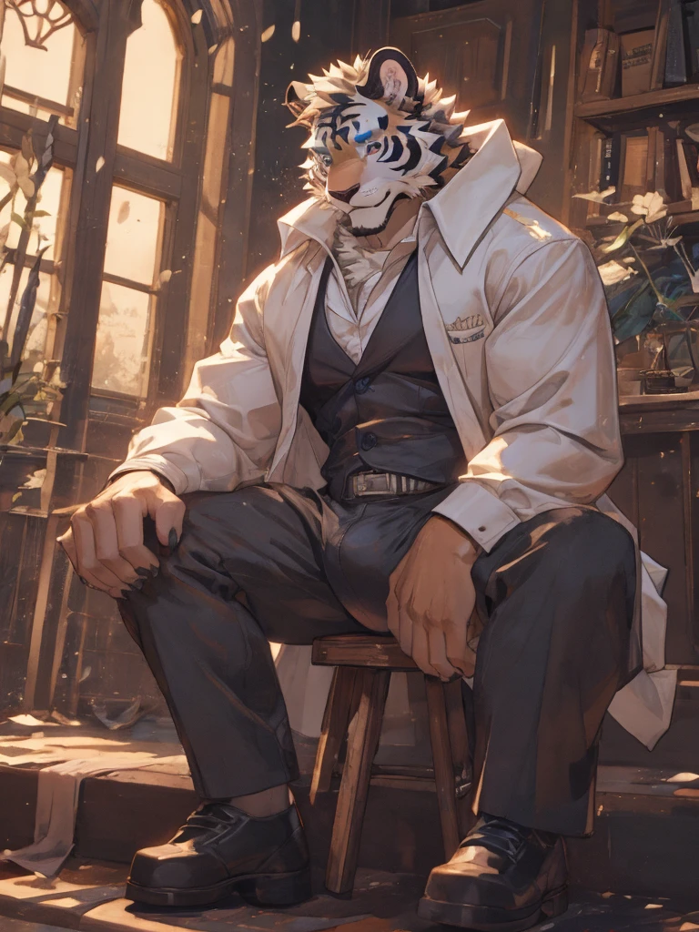 {{bara extremely handsome white tiger,}} {{white fur,}} white, wearing military like purple trench coat, purple trousers, white dress shirt and necktie, white fluffy furry body and limbs, loafers, very tall, very broad shoulders, narrow waist, muscular arms, massive pecs, purple eyes, very long legs,  sitting on swivel chair with legs spread, massive bulge, reading file, sophisticated hot look, full body, sunlight casting over, 3/4 view, best quality, high quality, silver earring on left ear, sultry smirk