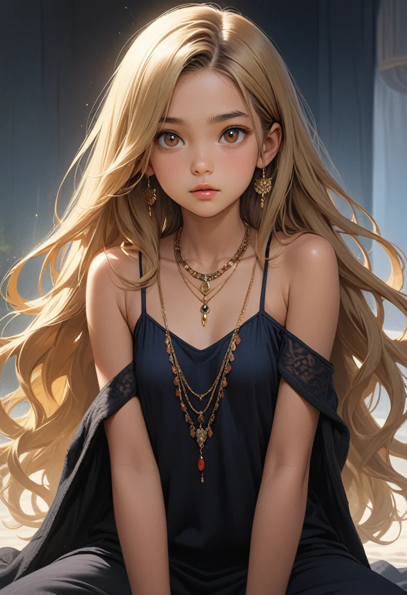 ((masterpiece,Highest quality;1.3,best illustration,realistic:0.8)),a Shouth Indian cute girl,16year old, solo, long hair, small breasts, looking at viewer, blonde hair, bare shoulders, brown eyes,gorgeous eyes,(very small head:1.3,very long body:1.3,toned body,slender body), jewelry, full body, necklace, off shoulder, sweater, lips,