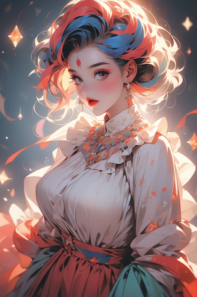 1girl, voluptuous, clown, radiant hair, jolly, multicolor clothing,