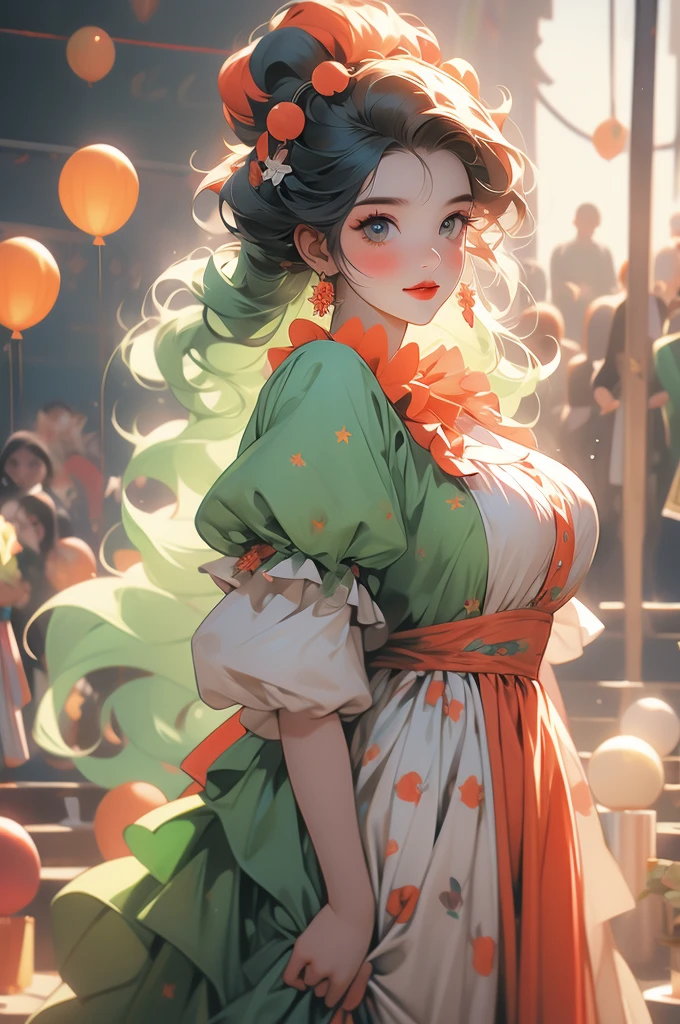 1girl, voluptuous, clown, radiant hair, jolly, multicolor clothing,