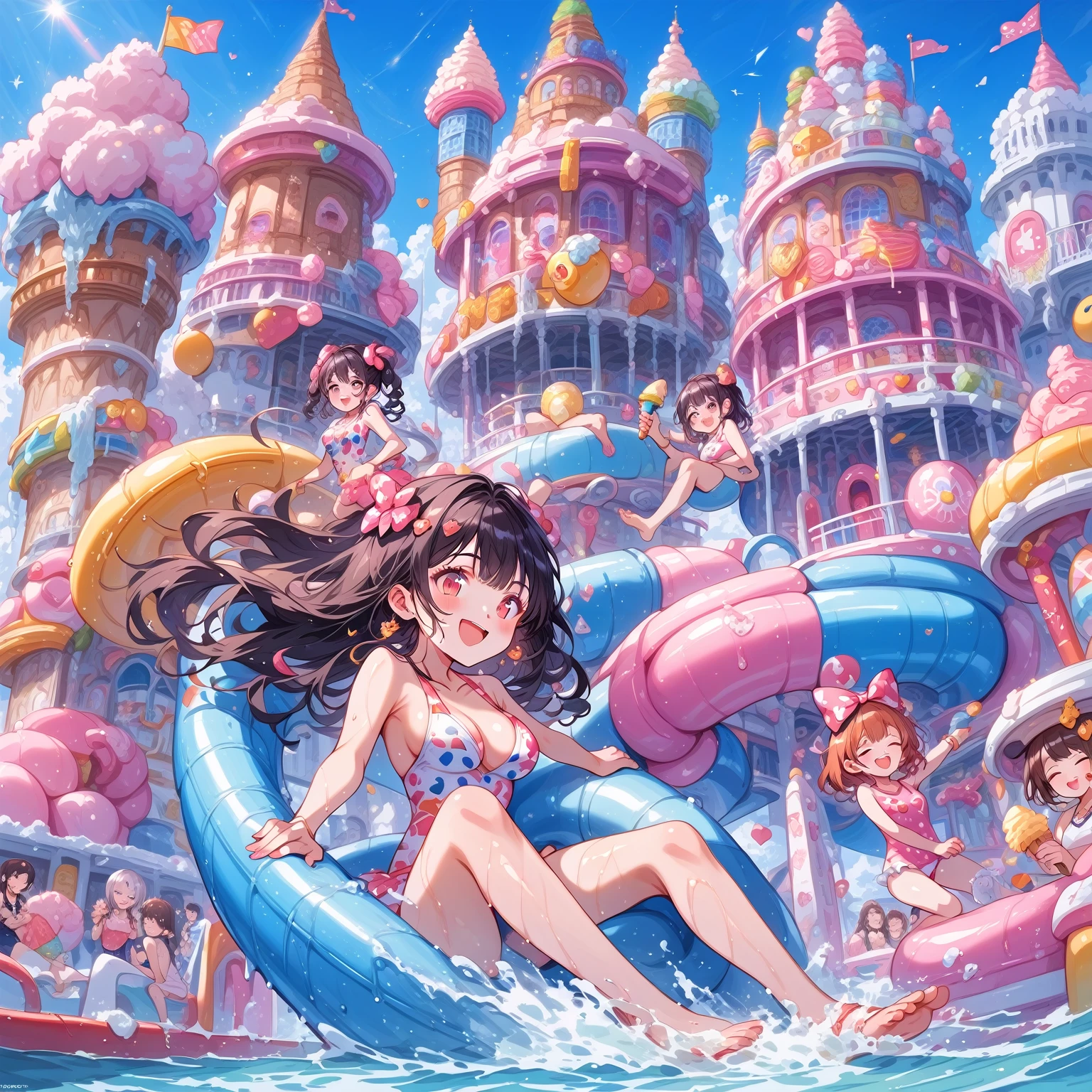 score_9, score_8_up, score_7_up, source_anime,masterpiece, best quality, high resolution, extremely detailed CG, absurdres, highres, A dreamy water playground, all the buildings are made of ice cream, the ice cream castle is colorful, and girls in swimsuit is sliding down the water slide, very happy, neondskdrmsxl, babycreamxl