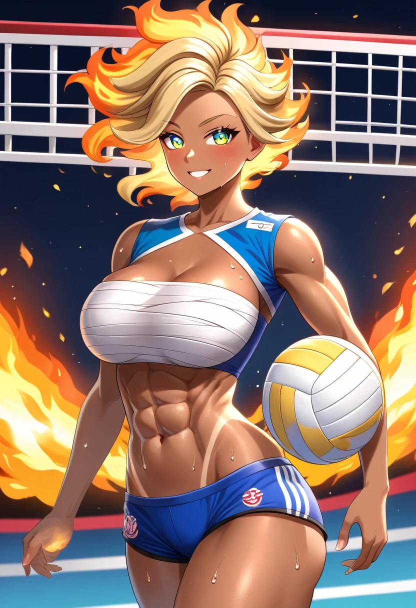 Prompt 

detailed illustration, (front view), (side view),dynamic angle, ultra-detailed, illustration, clean line art, shading, anime, detailed eyes, detailed face, beautiful face, dramatic lighting, detailed illustration, dynamic angle, ultra-detailed, illustration, single woman 

Fit, toned abs, ((volleyball shorts)), ((fundoshi breast wrap)), volleyball player, big round ass, big tits, caramel tan skin, dark skin tone, wide hips, narrow waist, thunder thighs, (blazing blonde hair), (glowing eyes), glowing sclera, muay thai wraps, small strong biceps, sweat, ((bandaged breasts)), flaming hair, hair is fire, flames rolling down skin, clothes catching on fire, embers, sweats fire, sweat is fire, tan lines, Hispanic, Latina, tight pants, bandage wrapped around chest 