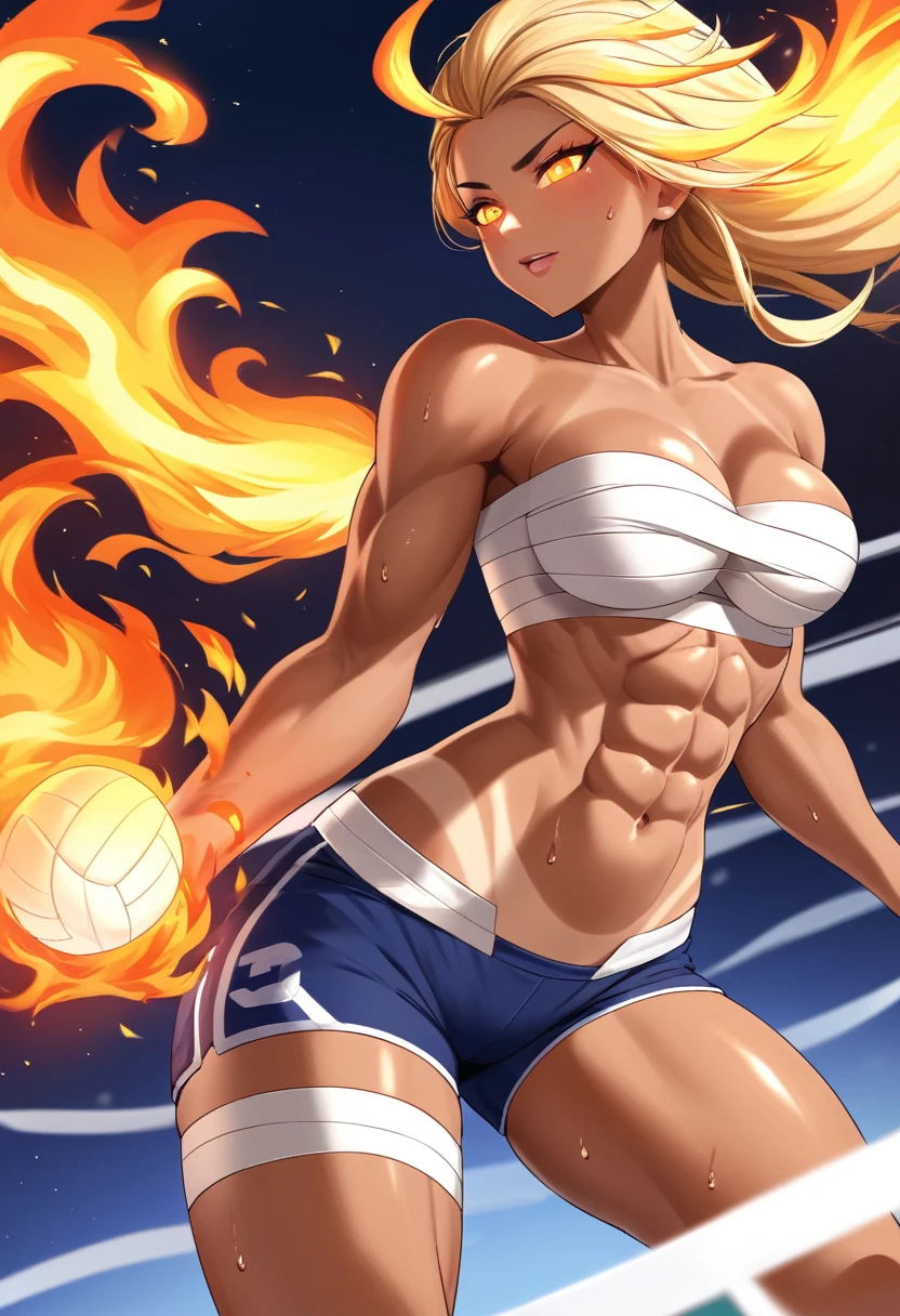 Prompt 

detailed illustration, (front view), (side view),dynamic angle, ultra-detailed, illustration, clean line art, shading, anime, detailed eyes, detailed face, beautiful face, dramatic lighting, detailed illustration, dynamic angle, ultra-detailed, illustration, single woman 

Fit, toned abs, ((volleyball shorts)), ((fundoshi breast wrap)), volleyball player, big round ass, big tits, caramel tan skin, dark skin tone, wide hips, narrow waist, thunder thighs, (blazing blonde hair), (glowing eyes), glowing sclera, muay thai wraps, small strong biceps, sweat, ((bandaged breasts)), flaming hair, hair is fire, flames rolling down skin, clothes catching on fire, embers, sweats fire, sweat is fire, tan lines, Hispanic, Latina, tight pants, bandage wrapped around chest 