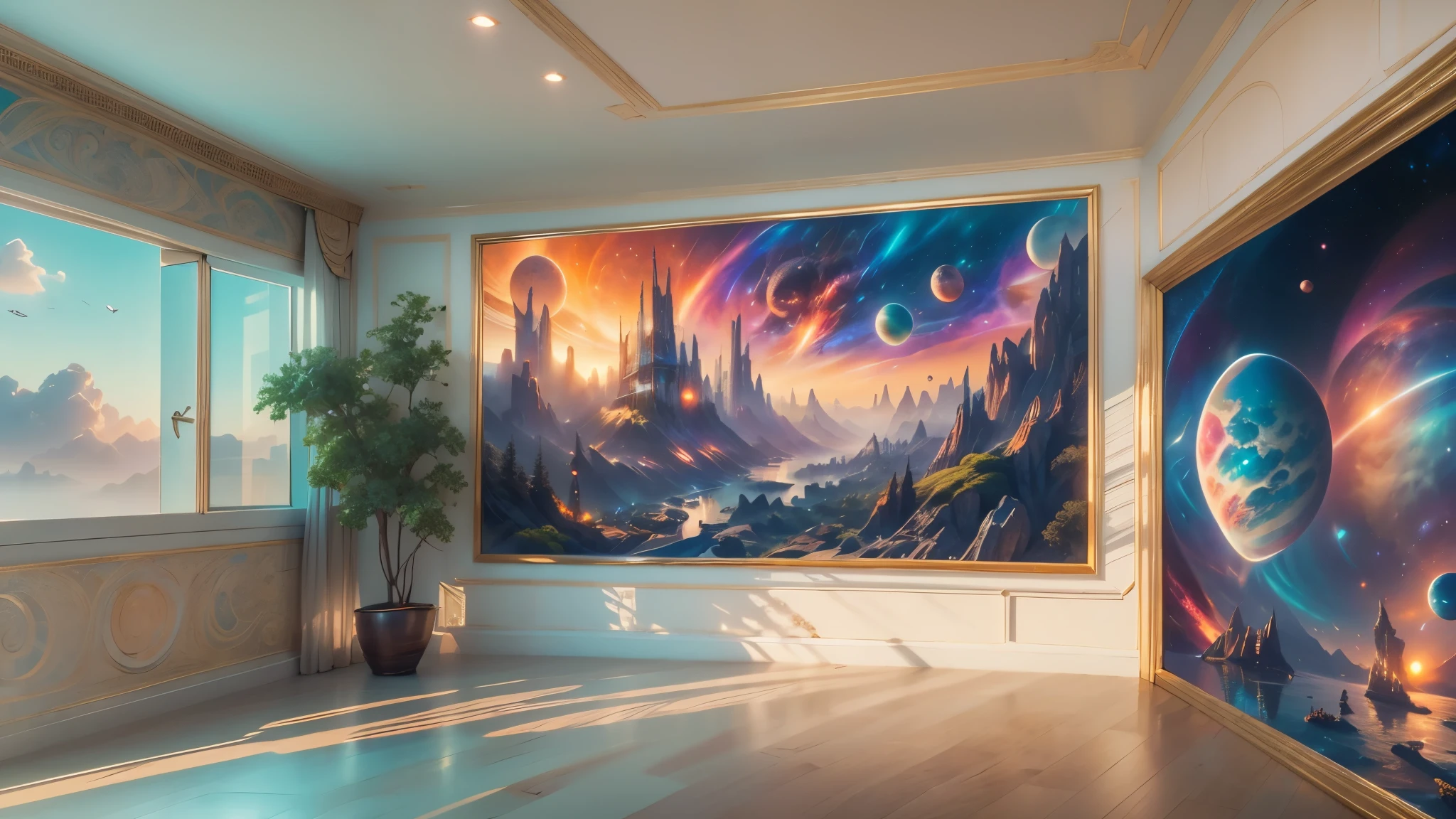 there is a woman standing in front of a painting of a planet, futuristic city in background, psytrance artwork, interconnected human lifeforms, panoramic view of girl, progressive rock album cover, dream of the endless, star dust, galaxy, stoner rock --ar 16:9 --v 5.1