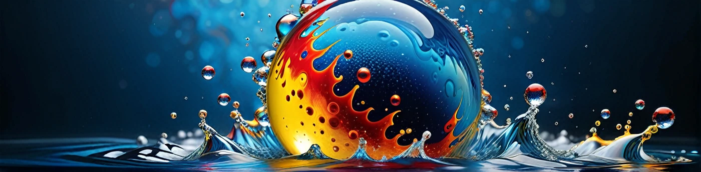 image of a blue ball with bubbles and red-yellow flames, Water particules, Water particle in front, Bubbling liquids, liquid fire, ferro liquid of arbitrary shape, ferro liquid oceans, Water particles, psychedelic droplets of Water, colorful ferro liquid armor, fractal!! Water, coated with ferro liquid. SLR camera