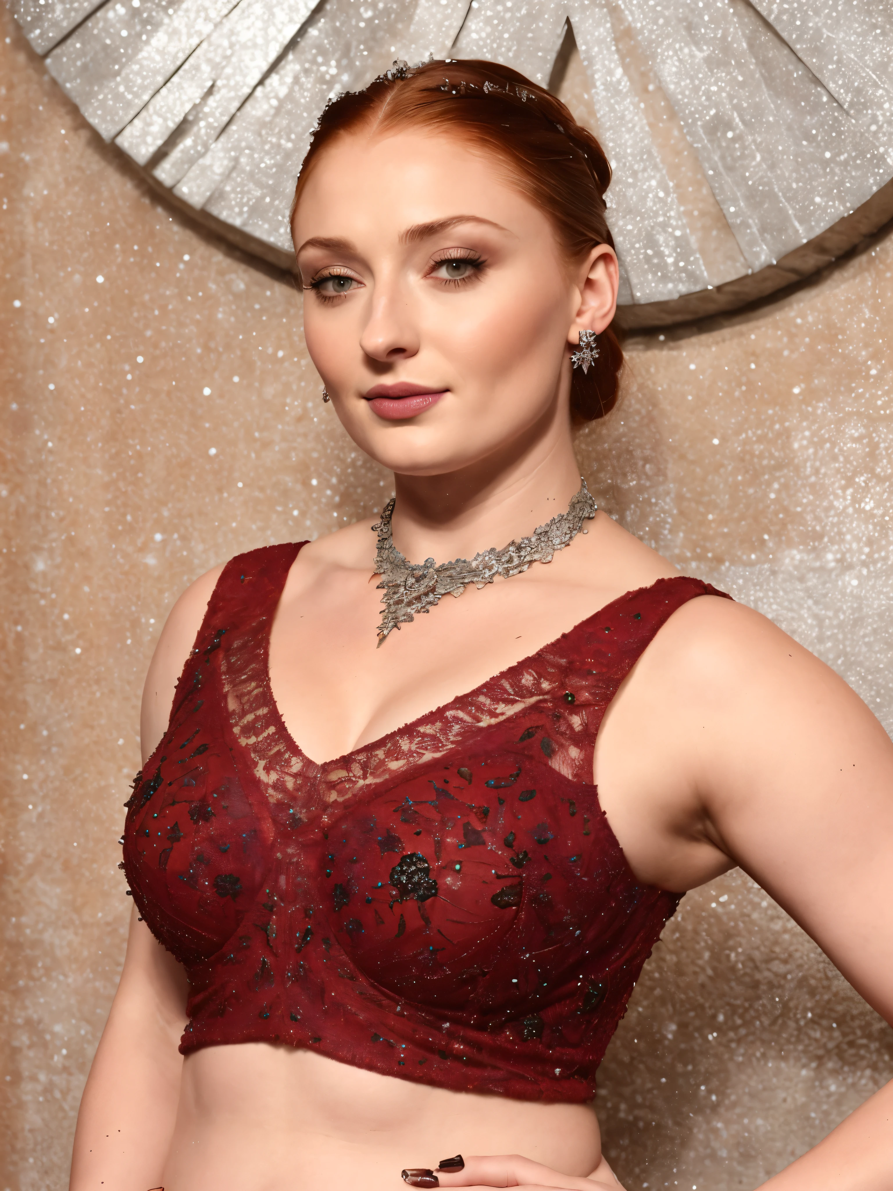 Face of Sophie Turner, Sansa Stark played by Sophie Turner, the de facto Lady of the Eyrie, is a 45-year-old mature queen with a stunning, alluring appearance. Full Face, Full figured woman, heavy physique, thick thighs, pierced eyes, reddish lips, upper body shot, erotic Mediaeval costumes, game of thrones costumes, She wears a Game of Thrones-inspired costume and has a deep cleavage, a perfect thick body, and a perfect thick figure. The photograph captures her in a close-up, with her skin texture and facial features being ultra-realistic and realistic. Juicy thick figure, high quality skin, Skin pores, amazing details, snow, snow flakes, semi realistic, extremely detailed eyes, dark moody orange and black settings, cool environment, artificial intelligence, winter, winter scene, insane details,
