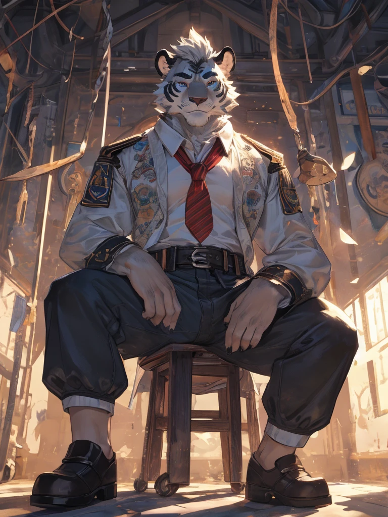 {{bara extremely handsome white tiger,}} {{white fur,}} white, wearing military like purple trench coat, purple trousers, white dress shirt and necktie, white fluffy furry body and limbs, loafers, very tall, very broad shoulders, narrow waist, muscular arms, massive pecs, purple eyes, very long legs,  sitting on swivel chair with legs spread, massive bulge, reading file, sophisticated hot look, full body, sunlight casting over, 3/4 view, best quality, high quality, silver earring on left ear, sultry smirk