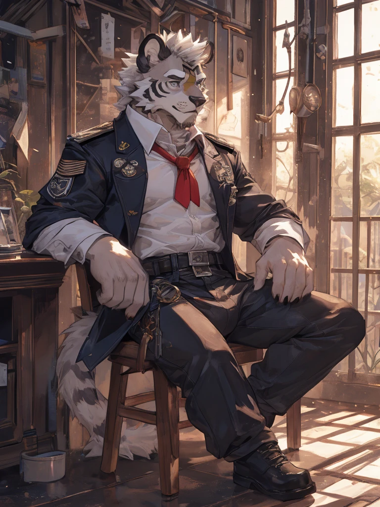 {{bara extremely handsome white tiger,}} {{white fur,}} white, wearing military like purple trench coat, purple trousers, white dress shirt and necktie, white fluffy furry body and limbs, loafers, very tall, very broad shoulders, narrow waist, muscular arms, massive pecs, purple eyes, very long legs, sitting on swivel chair with legs spread, massive bulge, reading file, sophisticated hot look, full body, sunlight casting over, 3/4 view, best quality, high quality, silver earring on left ear, sultry smirk