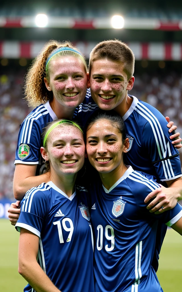 Generate a high-quality, realistic image of a couple (woman and man) smiling at a soccer stadium celebration in street clothes. The image must be detailed, with neutral lighting, a generic background, with a smiling facial expression, so that it can be easily adjusted and improved in Photoshop. Also, include natural imperfections on the faces (like pimples, freckles, blemishes), nothing exaggerated so I can edit these details in photoshop. These images will be used for editing in a portfolio, so it is important that they are well defined and have high resolution. HD, 300pix/pol