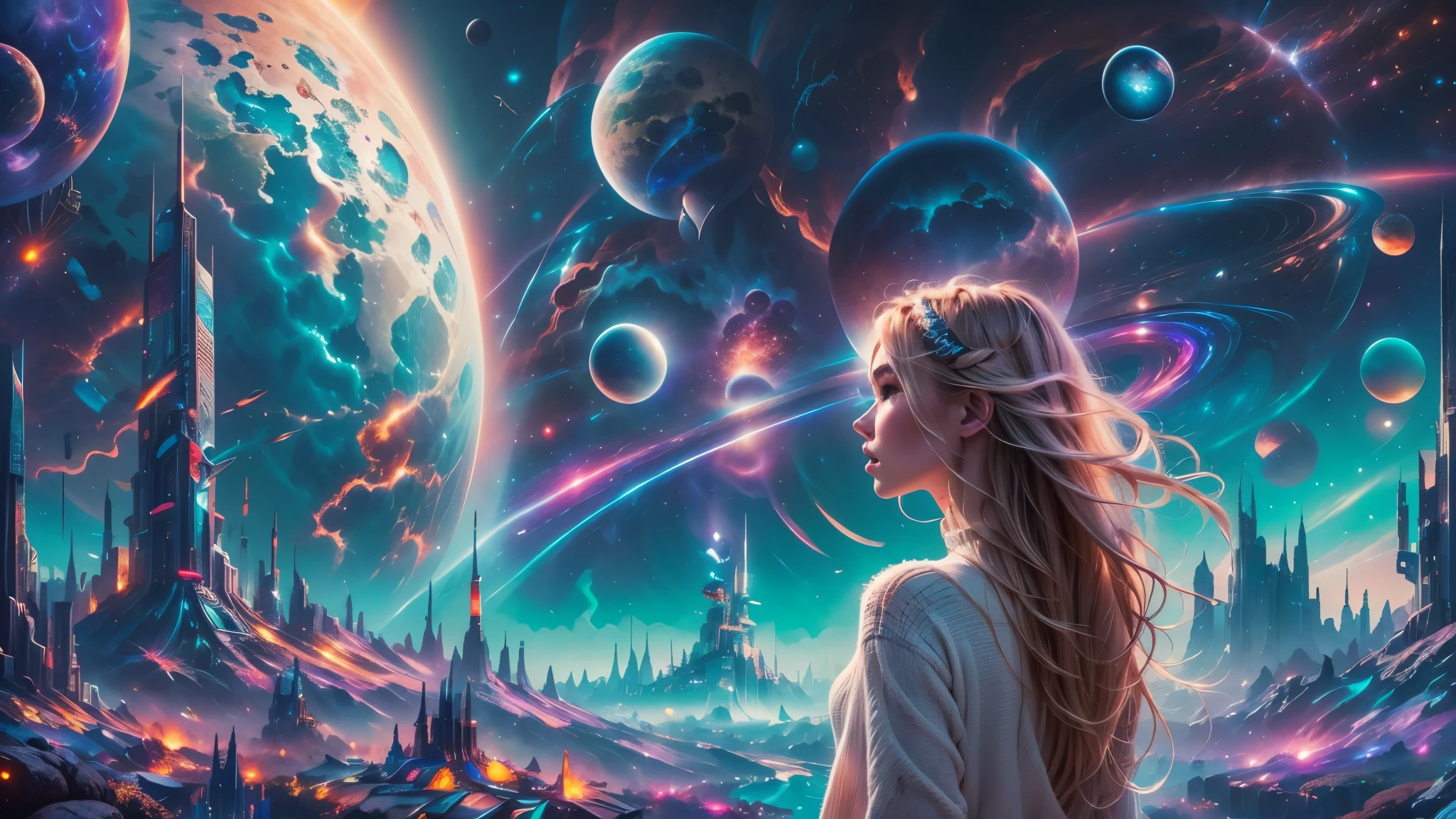 there is a woman standing in front of a painting of a planet, futuristic city in background, psytrance artwork, interconnected human lifeforms, panoramic view of girl, progressive rock album cover, dream of the endless, star dust, galaxy, stoner rock --ar 16:9 --v 5.1