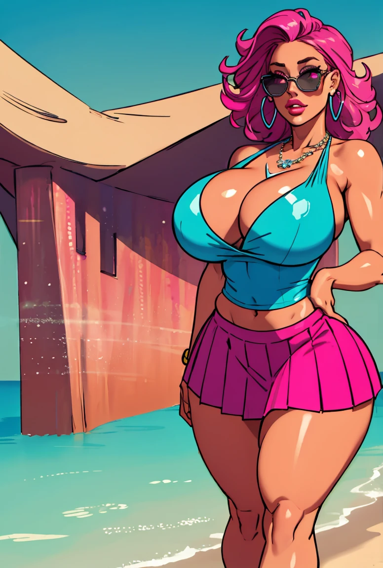 Best quality, solo mature woman, giant breasts, giant ass, very curvy, tanned skin, middle parted hair with curled ends, sea pink eyes, full lips, seductive, sea pink sunglasses, rhinestone beaded singlet, pleated denim skirt, flower earrings, flower necklace, thick thighs, curvy physique