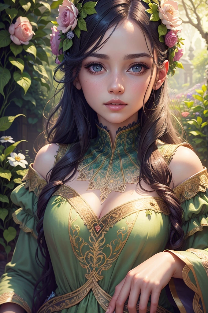 detailed fantasy painting, a girl in a garden, beautiful detailed eyes, beautiful detailed lips, extremely detailed eyes and face, long eyelashes, soft warm lighting, intricate floral patterns, vibrant colors, lush greenery, highly detailed foliage, photorealistic, 8k, best quality, masterpiece, cinematic composition, dramatic lighting, magical atmosphere, digital art, concept art