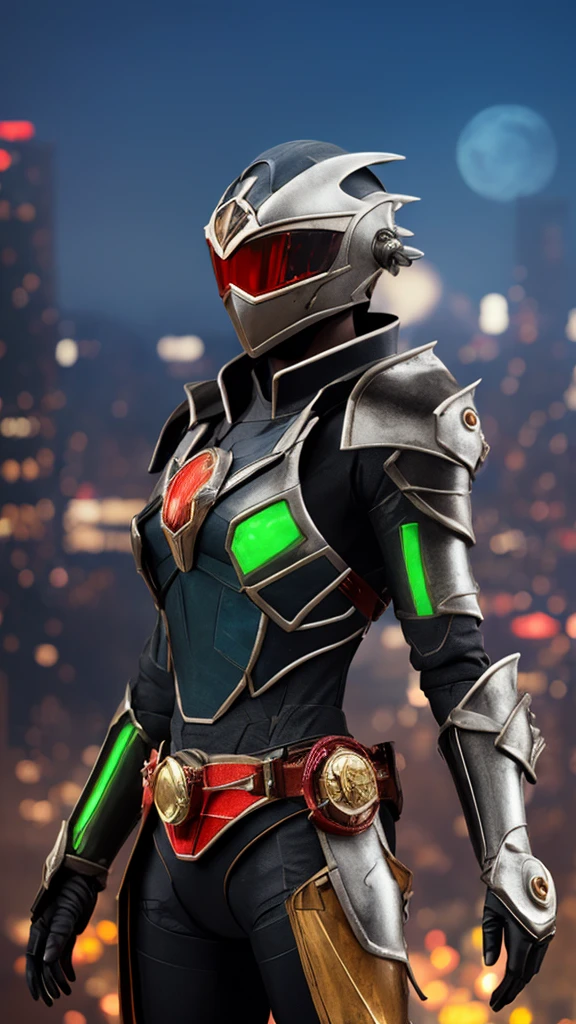 kamen rider wizard。ファンタジー風の全身鎧を身にまとったwoman, Only the eyes were exposed、A fully enclosed helmet designed to resemble a crown, Composite Layered Chest Plate, Fully covered shoulder and hand guards, Lightweight waist armor, Close-fitting shin guards, The overall design is sturdy yet flexible, ((The armor emits a blue light., Accented with black and green accents)), Gives off a noble aura, She is floating above the city of the future, This character is、It embodies a hero wearing fantasy surreal style armor elaborately crafted in anime style.。, Exquisite and mature cartoon art style, (Bat Concept Armor, Realistic:1.4, Realistic textured materials:1.2, Professional photos, Cinematic), ((City night view, element, energy, elegant, goddess, woman:1.5)), metallic, High resolution, Highest quality, High resolution, 超detailed, Ultra-fine painting, Very delicate, Anatomically correct, Symmetrical face, 非常にdetailedな目と顔, High quality eyes, creativity, RAW Photos, 超High resolution, 32k, Natural light, Cinematic lighting, masterpiece-anatomy-perfect, masterpiece:1.5、Realistic, Highest quality, masterpiece, difficult_suit, A street with towering skyscrapers,Neon Light, Holographic Projection, スチームパンクのelement, Concept art by Syd Mead, cyber punk, Digital Painting, Futuristic cityscape, Vibrant, Neon color, Holographic Projection, Intricate details, High resolution, detailed、