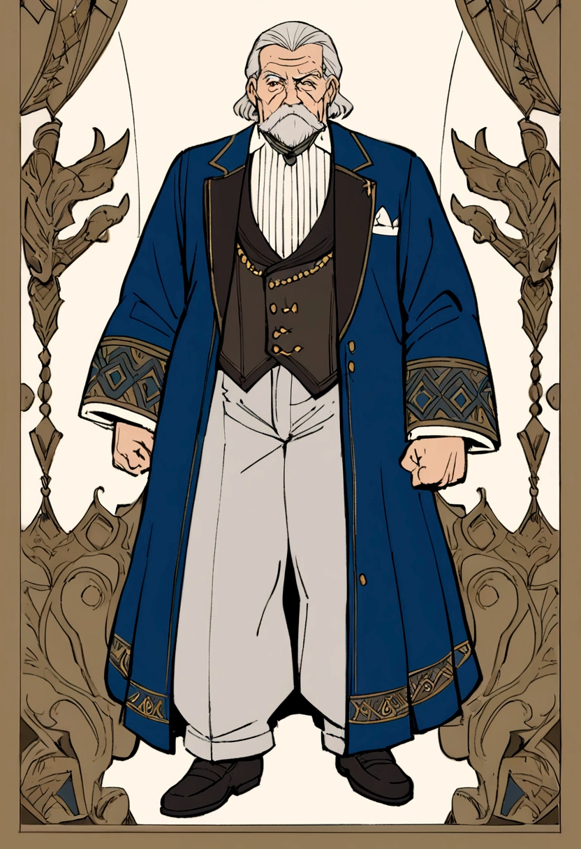 stern looking grandfather on middle age era, fullbody, char design. oldman, grandpa, 1 person grandpa, classic tailor outfit