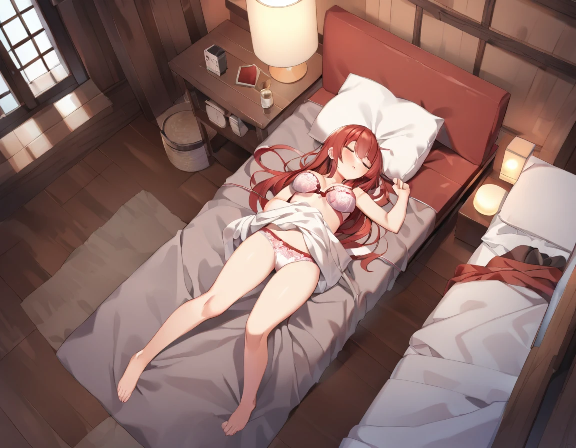 red and white sexy bra、Red and white sexy lingerie、barefoot、Sleeping with the boy in the futon