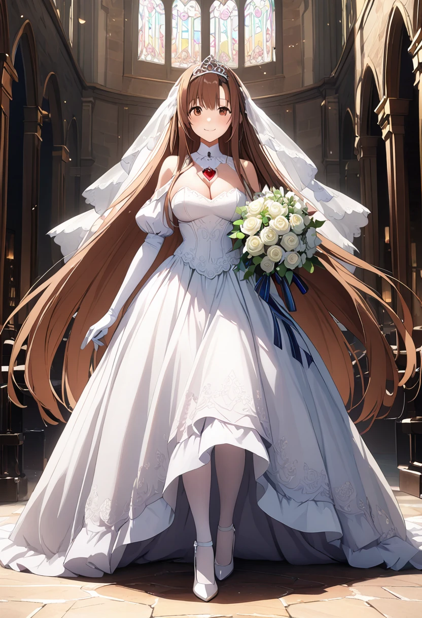 Highest quality、Super detailed、High resolution illustrations、Ultra-high-definition CG、8k size wallpaper、Production Art、Light novel illustrations、(1People Girls)、asuna yuuki, long hair, bangs, brown hair, brown eyes, very long hair, braid、dress, bare shoulders, detached sleeves, white dress, Crimson Lipstick、A smile full of happiness、Puff sleeves、bridal bun、Bridal Veil、tiara、Cleavage cutouts、Red brooch、Wedding dress、White Dress、White Gloves、Long skirt、White Stockings、White stiletto heels、Holding a bouquet in both hands、Full Body、hyperrealistic、(spoken heart)