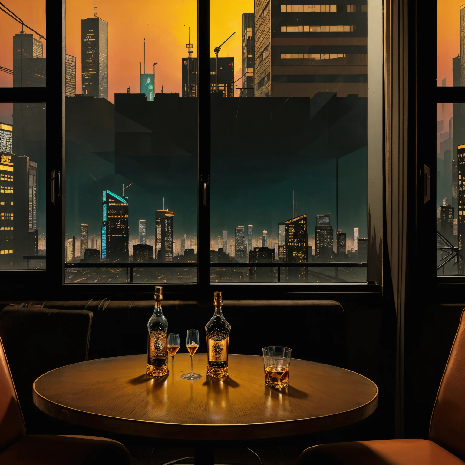 (masterpiece), (cyberpunk living room), (indoor), (window), (cyberpunk city neon lights), (skyscrapers), (realistic illustration), (cinematic), (looking out the window), (one johnny walker whiskey bottle on table), (single whiskey glass on table), (a cell phone on table)
