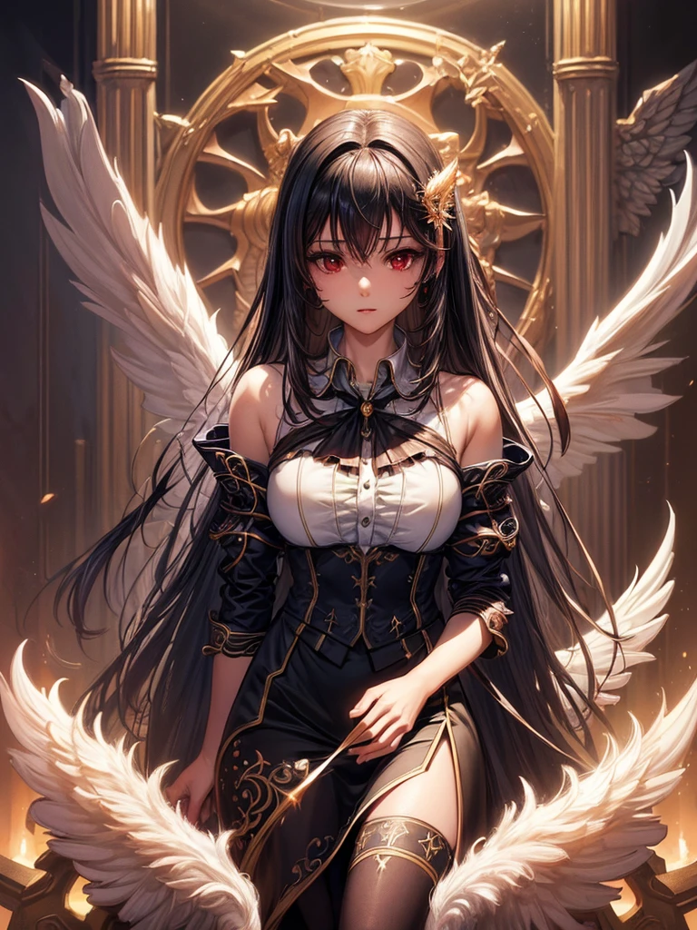 ((best quality)),(Ultra-high resolution),(Super detailed),(Detailed description),((Best CG))(Fantasy art with precise details:1.5), Black Hair，European classical long dress，(1 Female Angel:1.6),Angel Wings，side，Injuried，Blood，Fall，Serious expression