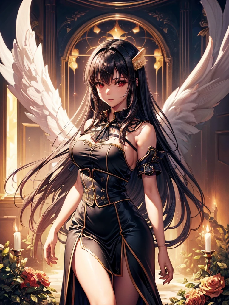 ((best quality)),(Ultra-high resolution),(Super detailed),(Detailed description),((Best CG))(Fantasy art with precise details:1.5), Black Hair，European classical long dress，(1 Female Angel:1.6),Angel Wings，side，Injuried，Blood，Fall，Serious expression