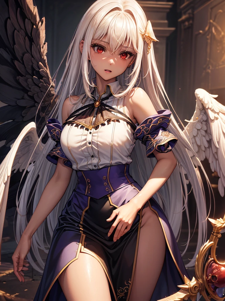 ((best quality)),(Ultra-high resolution),(Super detailed),(Detailed description),((Best CG))(Fantasy art with precise details:1.5), Black Hair，European classical long dress，(1 Female Angel:1.6),Angel Wings，side，Injuried，Blood，Fall，Serious expression