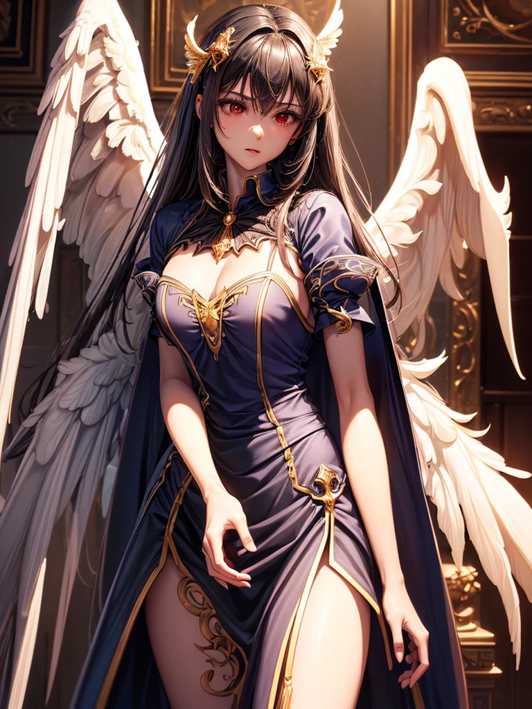 ((best quality)),(Ultra-high resolution),(Super detailed),(Detailed description),((Best CG))(Fantasy art with precise details:1.5), Black Hair，European classical long dress，(1 Female Angel:1.6),Angel Wings，side，Injuried，Blood，Fall，Serious expression