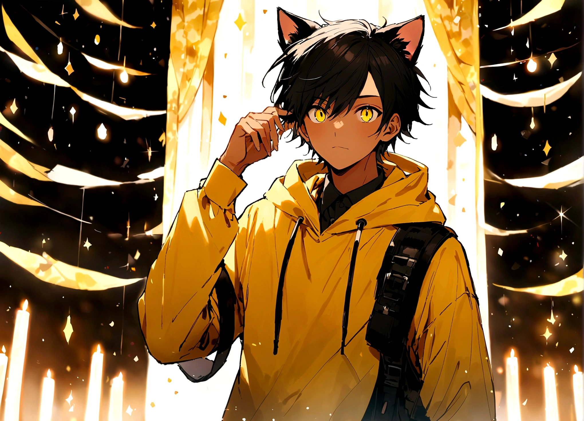 Tanned male, 18 years old, long black hair, yellow hoodie, cat ears