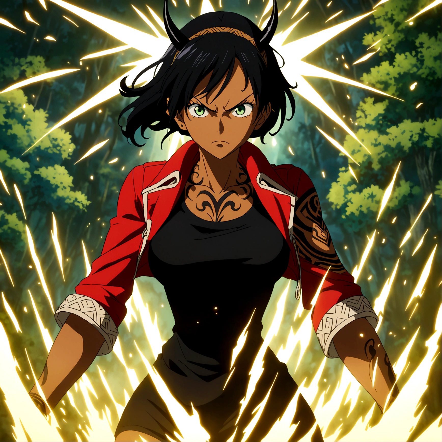 Woman, dark skin, tall, muscular and large body, long black hair, black horns, green eyes, tribal tattoos, black blouse, red jacket, serious expression, forest background, ONE PIECE inspired anime lines, bathed in drama, incredible lighting, infused with creative details, ultra-fine 2D drawing, incredible scenery, bathed in creativity, boasting anime resolution clarity, anime graphics, high octane rendering
