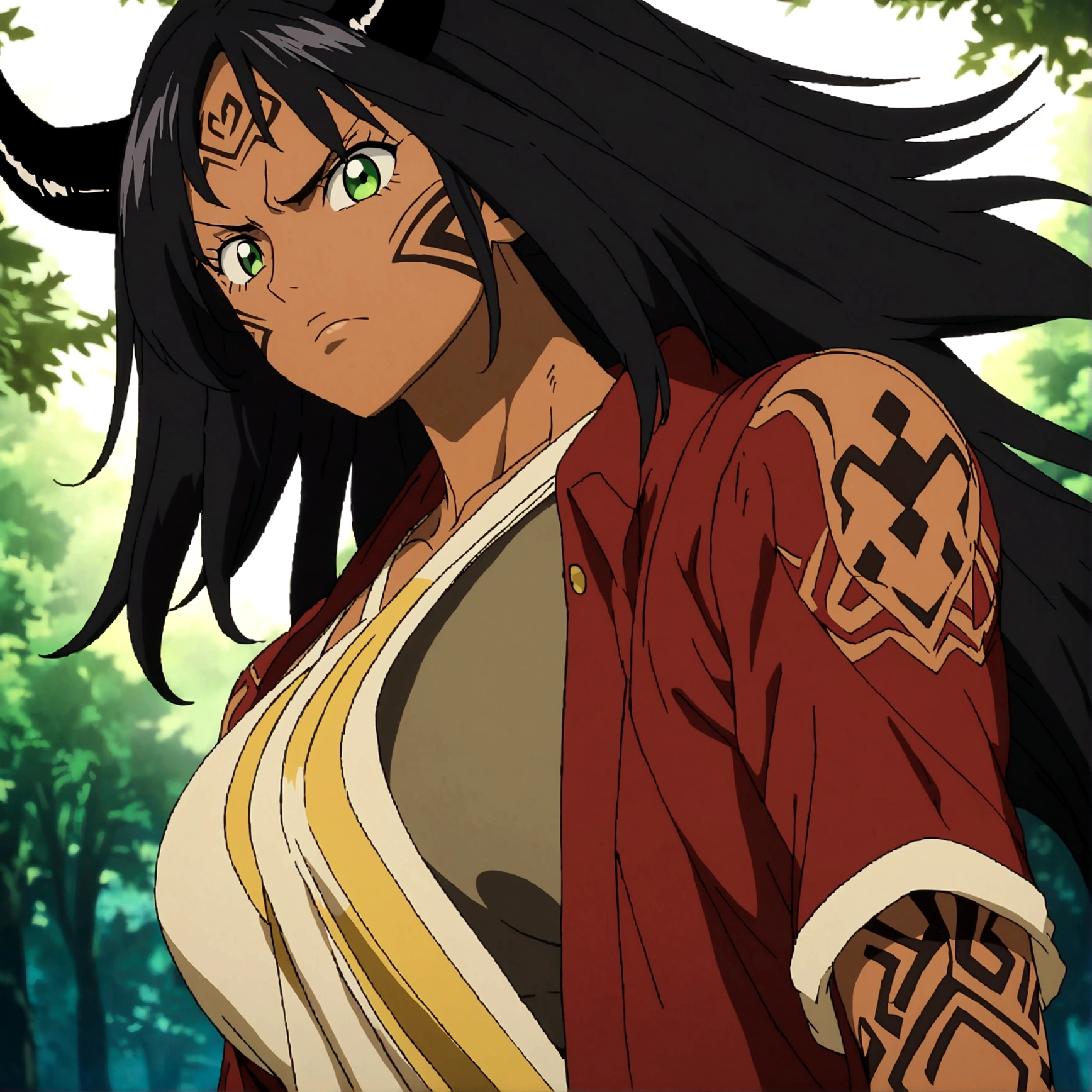 Woman, dark skin, tall, muscular body, long black hair, black horns, green eyes, tribal tattoos, black blouse, red jacket, serious expression, forest background, ONE PIECE inspired anime lines, bathed in drama, incredible lighting, infused with creative details, ultra-fine 2D drawing, incredible scenery, bathed in creativity, boasting anime resolution clarity, anime graphics, high octane rendering