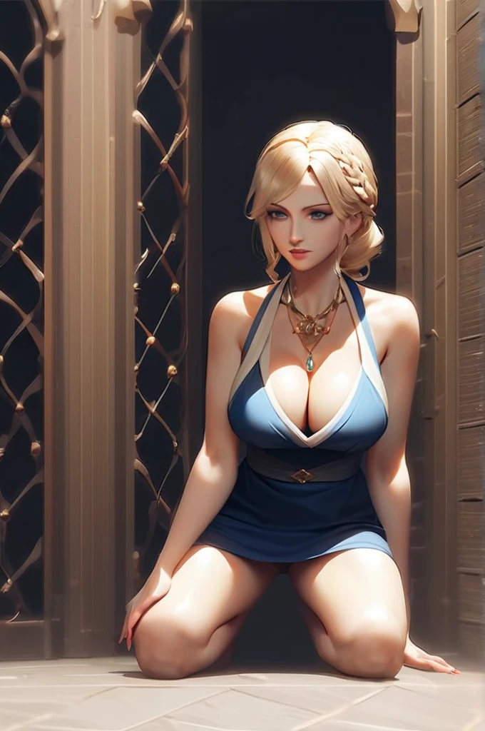 ((Лучшее качество)), ((шедевр)), (подробный), elden ring  marika the eternal blonde hair, braid   mature woman, big bust,   dark blue dress, bare hips, bare arms, deep cleavage, pubic hair, pussy  squating