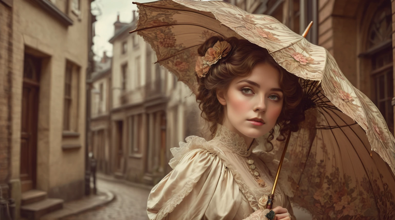 there is a woman with an umbrella standing in a street, a beautiful victorian woman, victorian lady, victorian style costume, art nouveau fashion photography, young victorian sad fancy lady, victorian style, victorian age, victorian inspired clothing, 1 8 8 0 s style, in a high renaissance style, retro vintage and romanticism, standing with a parasol