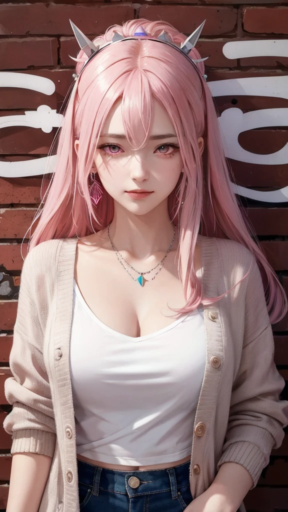 (masterpiece, best quality, 1 Girl, Solitary, Intricate details, Chromatic Aberration), Practical, ((Moderate breathing)),Long hair, Pink Hair, Red headdress, Pink highlights, Hair covering one eye,Purple Eyes, earrings, Sharp eyes, Necklace, Neon shirt, Cardigan jacket, Top of crop, (Symmetrical eyes),(Perfectly symmetrical body),Against the wall, Brick Wall, Graffiti, Dim Lights, alley ,Look at the audience