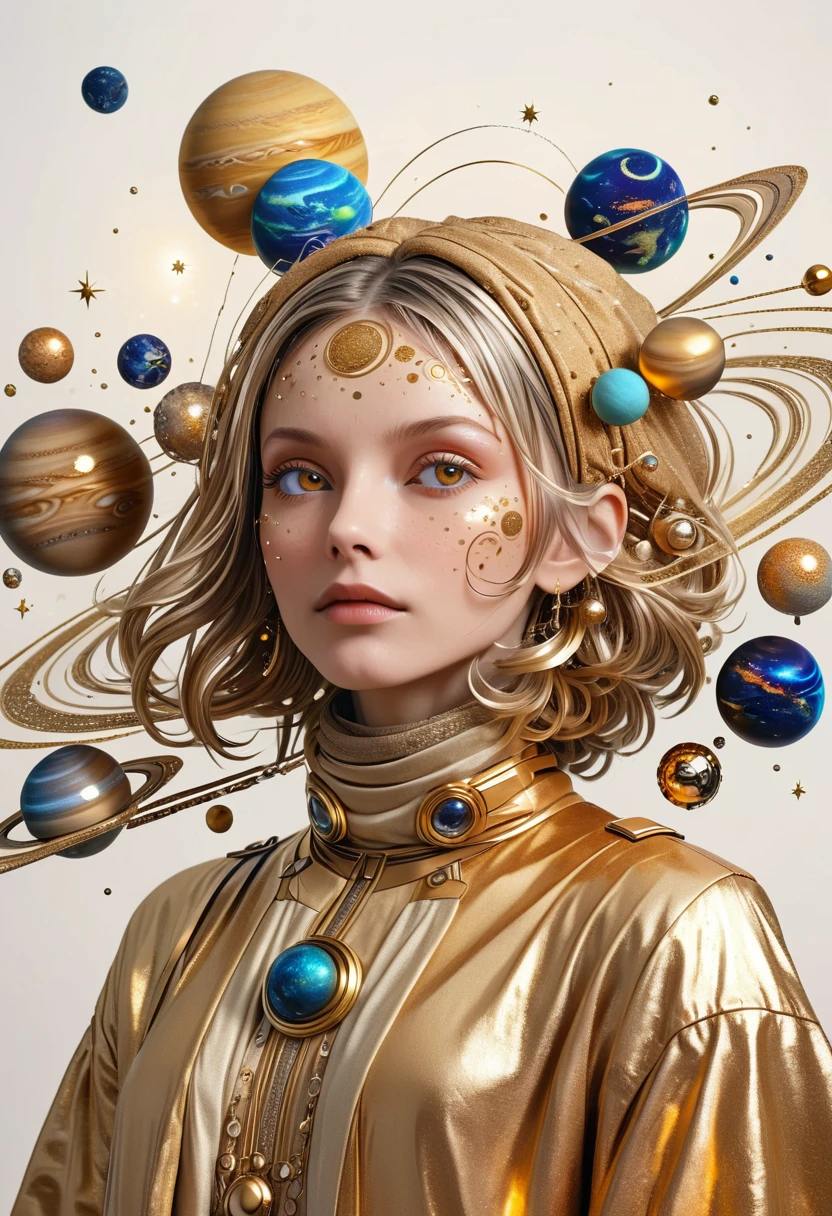 a highly detailed and intricate 3D portrait of a person, golden color, surrounded by many orbiting planets with complex planetary decorations, studio lighting, white background