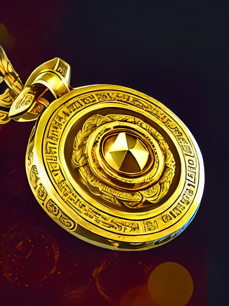 An ancient golden medal with intricate engravings, set against a backdrop of a grand hall with banners and trophies, emphasizing a sense of historical honor.
