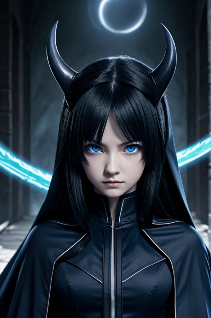 demon slayer anime animation, demon hunter, long black hair, Light blue eyes, demon slayer anime uniform, pale skin, a navy blue cape with stars