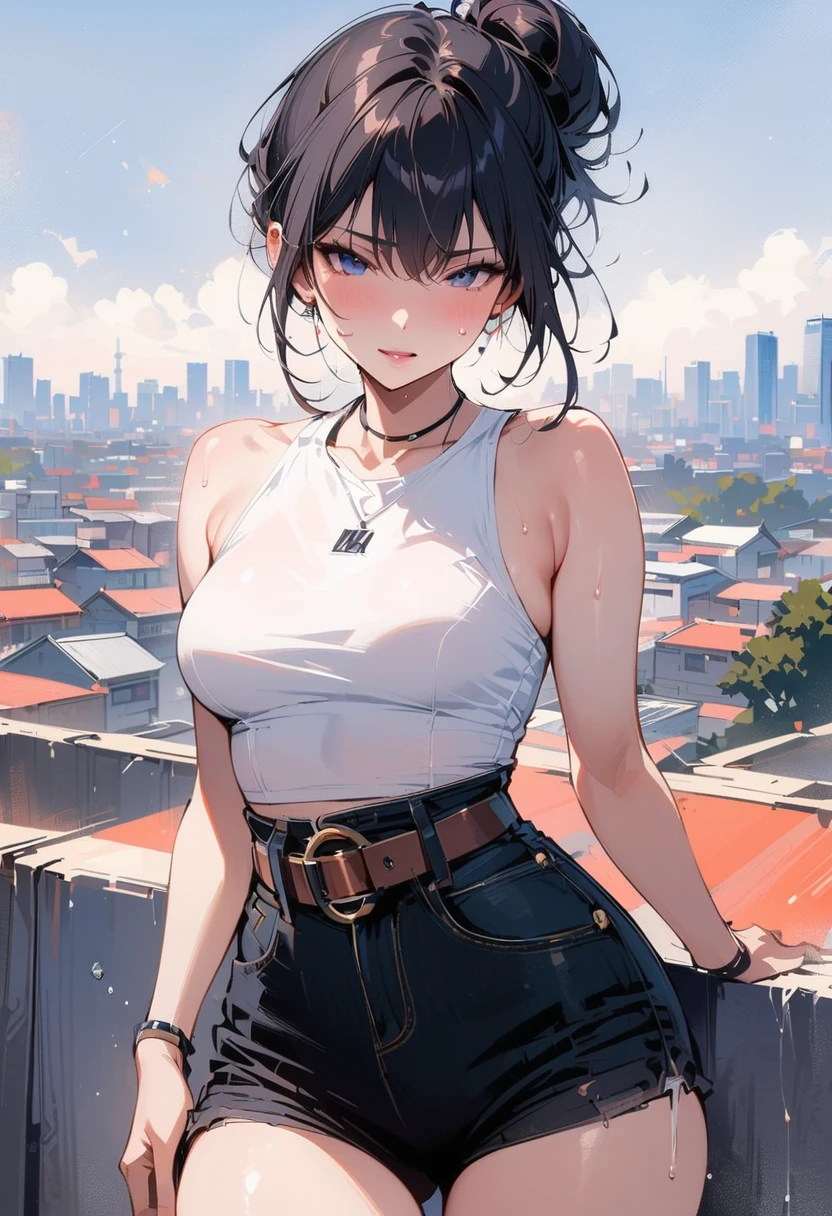 White skin,White skin,white face,white face蛋(masterpiece, best quality:1.2), 1 girl, Solitary , Sexy , (cut off_Jean), White top ,Cowboy shooting, Black Hair ,Hair Bun, (Sweat), (Tokyo_background) , outdoor