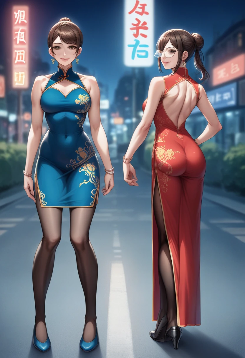 8K, masutepiece, Raw photo, Best Quality, Photorealistic, Highly detailed CG Unity 8k wallpaper, depth of fields, Cinematic Light, Lens Flare, Ray tracing, (Extremely beautiful face, Beautiful lips, Beautiful eyes), intricate detail face, ((Ultra detailed skin)) 1girl in, In the Dark, deepshadow, Pretty Korean girl, Kpop Idol, 1 girl, (Very slim and slender fit muscular body:1.3), ((Looking at Viewer)),(Big smile:1.3), (Fashion City Night, a dark night, (Neon sign), (Blurred background), Fashion Street Night),(No people in the background:1.3), Beautiful earrings, Bracelets, pantyhose, Clear eyes, Walking, (pale skin), (Big eyes), Face forward, (Brown hairs), (Full body shot), ((Blue silk cheongsam:1.3)), ((tight fit dresses)), , (Looking at Viewer:1.3) opened breast, Very slim, medium breasts, backtrack, (Back shot), ass forcus, Before the eyebrows,(Tight Dress), thick thighs,Frameless glasses,Beautiful ponytail