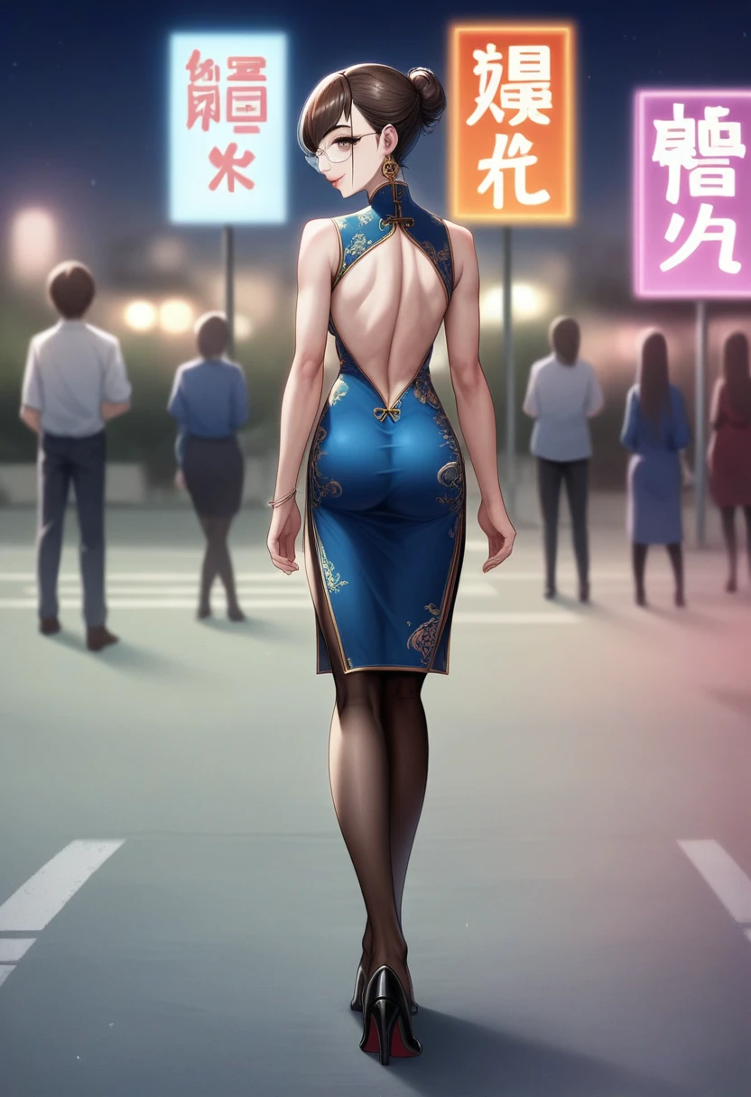 8K, masutepiece, Raw photo, Best Quality, Photorealistic, Highly detailed CG Unity 8k wallpaper, depth of fields, Cinematic Light, Lens Flare, Ray tracing, (Extremely beautiful face, Beautiful lips, Beautiful eyes), intricate detail face, ((Ultra detailed skin)) 1girl in, In the Dark, deepshadow, Pretty Korean girl, Kpop Idol, 1 girl, (Very slim and slender fit muscular body:1.3), ((Looking at Viewer)),(Big smile:1.3), (Fashion City Night, a dark night, (Neon sign), (Blurred background), Fashion Street Night),(No people in the background:1.3), Beautiful earrings, Bracelets, pantyhose, Clear eyes, Walking, (pale skin), (Big eyes), Face forward, (Brown hairs), (Full body shot), ((Blue silk cheongsam:1.3)), ((tight fit dresses)), , (Looking at Viewer:1.3) opened breast, Very slim, medium breasts, backtrack, (Back shot), ass forcus, Before the eyebrows,(Tight Dress), thick thighs,Frameless glasses,Beautiful ponytail