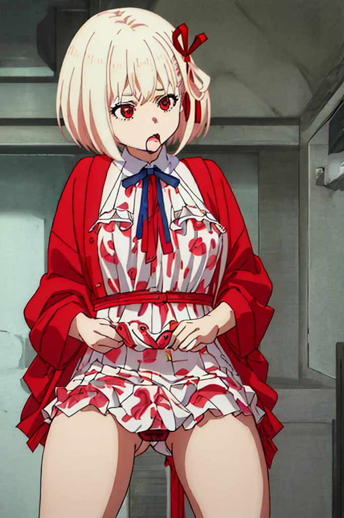Highest quality, masterpiece, High resolution, 一人in, {nishikigi_chisino_lycorisRecoil:1.15}, short_hair, 前hair, blonde_hair, red_eye, ribbon, hair_ribbon, red_ribbon, Bob_cut, Mouth open, One girl, Looking_in_Audience, Parody, upper_body, surprised, good, big , ショックin, Cafe Micro Bikini Spread your legs Ahegao Inviting ejaculation Bitch