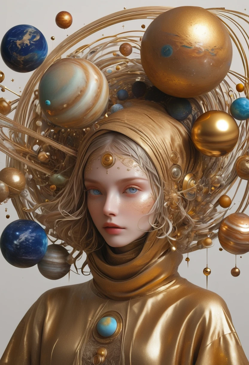 a highly detailed and intricate 3D portrait of a person, golden color, surrounded by many orbiting planets with complex planetary decorations, studio lighting, white background
